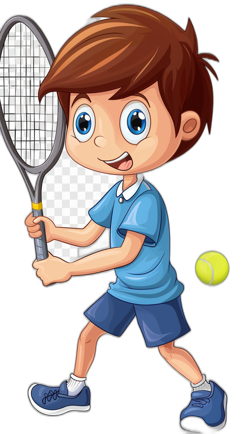 A boy playing tennis cartoon illustration with transparent background, blue shirt and shorts