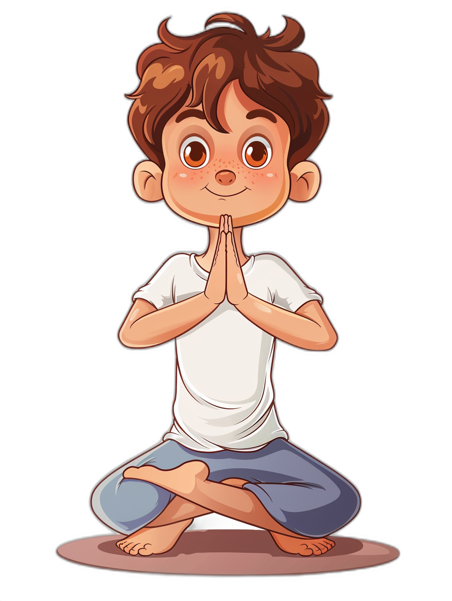 A cute little boy doing yoga, cartoon style, vector illustration with black background. He has brown hair and is wearing white short sleeves and blue pants. His hands are clasped together in prayer as he sits on the ground crosslegged. The eyes of his face sparkle slightly due to happiness. In general, it should have a friendly appearance that conveys joy or calmness., focus on facial expression