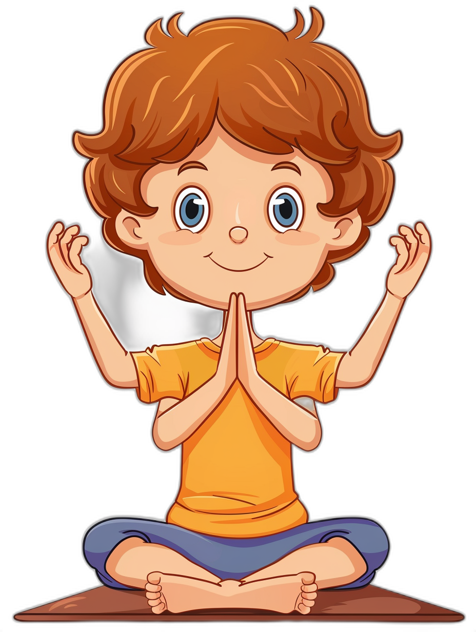 cartoon of cute boy doing yoga in the style of clip art, in the style of black background