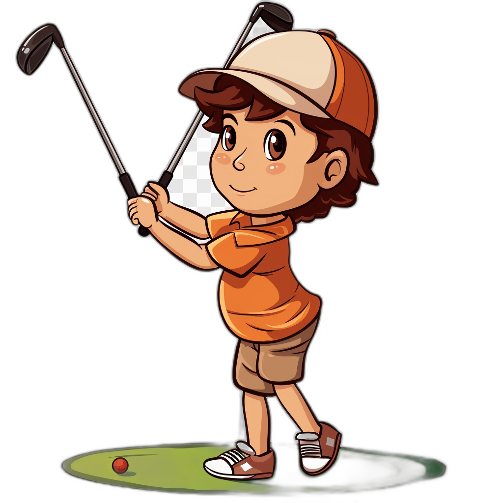 A cute cartoon boy playing golf in the style of clip art, in the style of isolated on a black background, with high contrast.