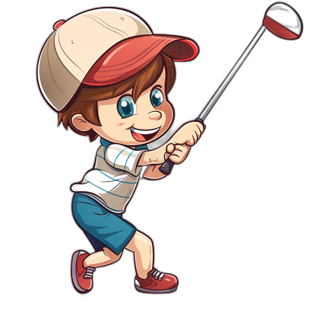 A cute cartoon boy playing golf in the style of vector illustration, clip art for stickers on a black background, wearing a cap and shorts.