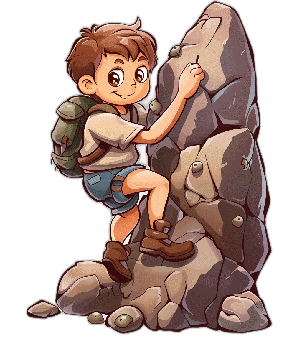 A cartoonstyle boy climbing rocks, depicted in the style of Japanese anime, is designed for t-shirt printing and features high resolution vector graphics with a black background. The character has brown hair and wears shorts and hiking boots. He carries an explorer’s backpack on his back while reaching out to touch one rock above another. His expression reflects determination as he climbs.