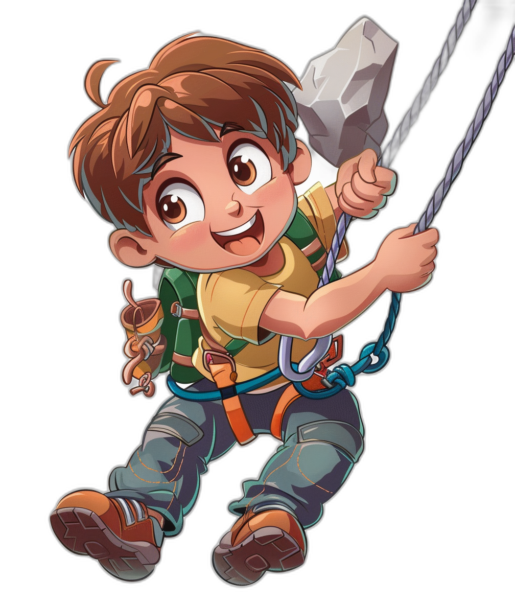 A cartoon character of an adventurous boy with brown hair and hazel eyes, dressed in climbing gear holding onto ropes while swinging across rocks on a black background, in full body.