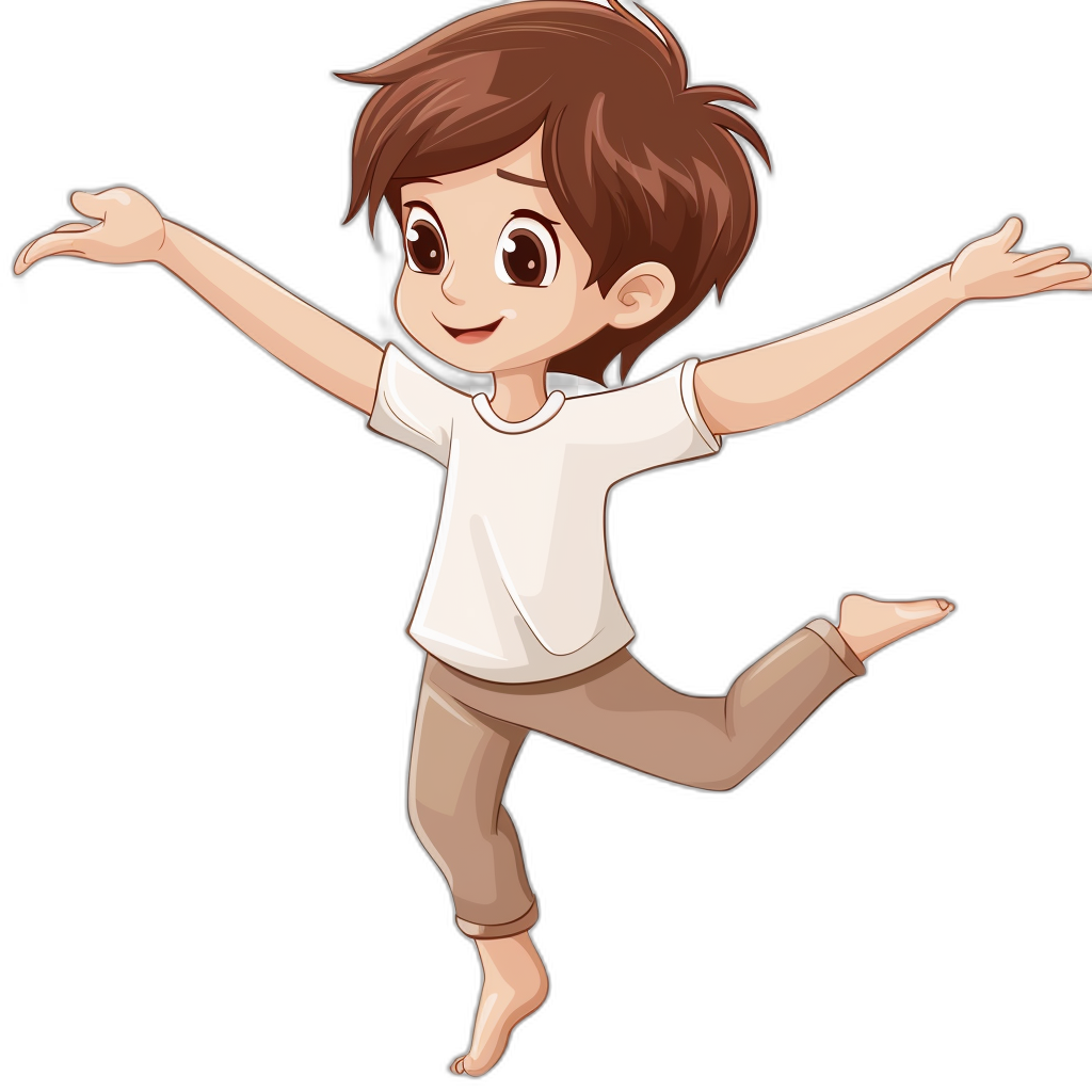 A cute cartoon boy doing an arabesque pose, with brown hair and wearing a white t-shirt with beige pants, in the style of clip art on a black background.