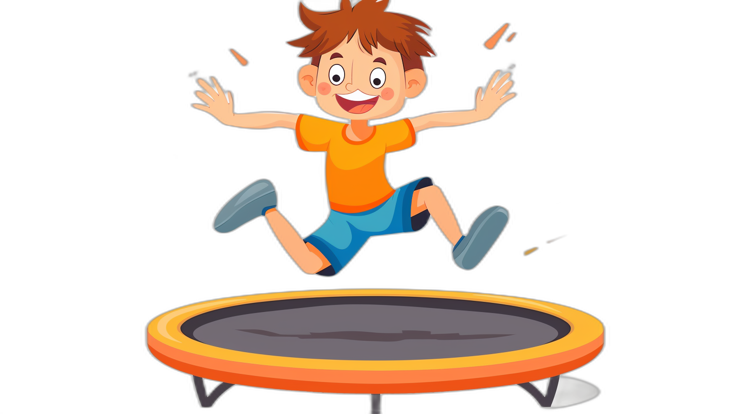 A cartoon boy jumping on the trampoline, flat design illustration with a black background, cute style, simple and bright colors. The little girl is wearing an orange T-shirt and blue shorts, smiling happily while diving in midair. Her hair was scattered in midair, adding to her lively character. in the style of