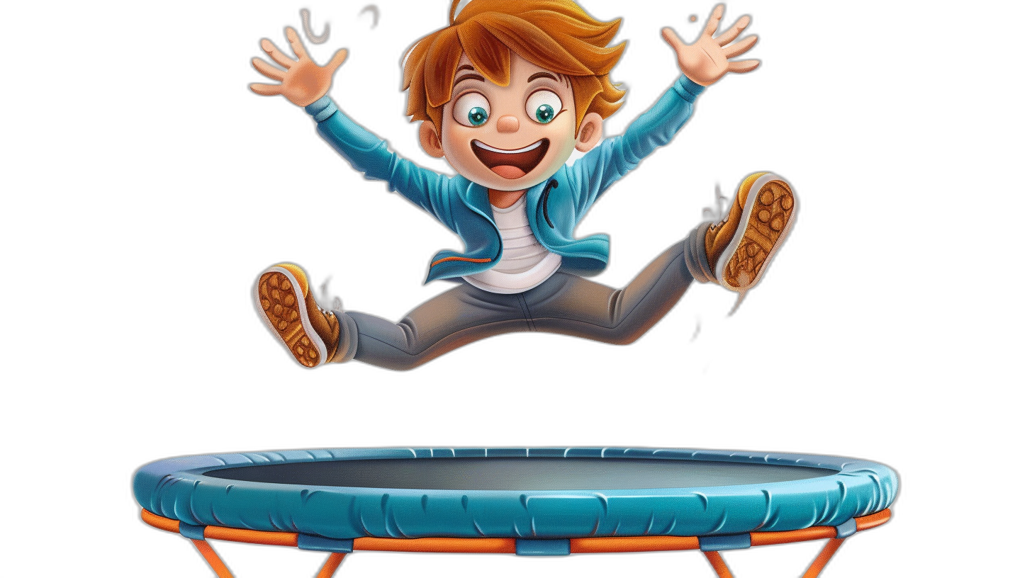 A cartoon boy with brown hair and blue eyes jumping on the trampoline in the style of Disney, vector illustration, black background, 2D game art, high resolution, rich details, cheerful movements, lively expressions, vivid colors, cute appearance.