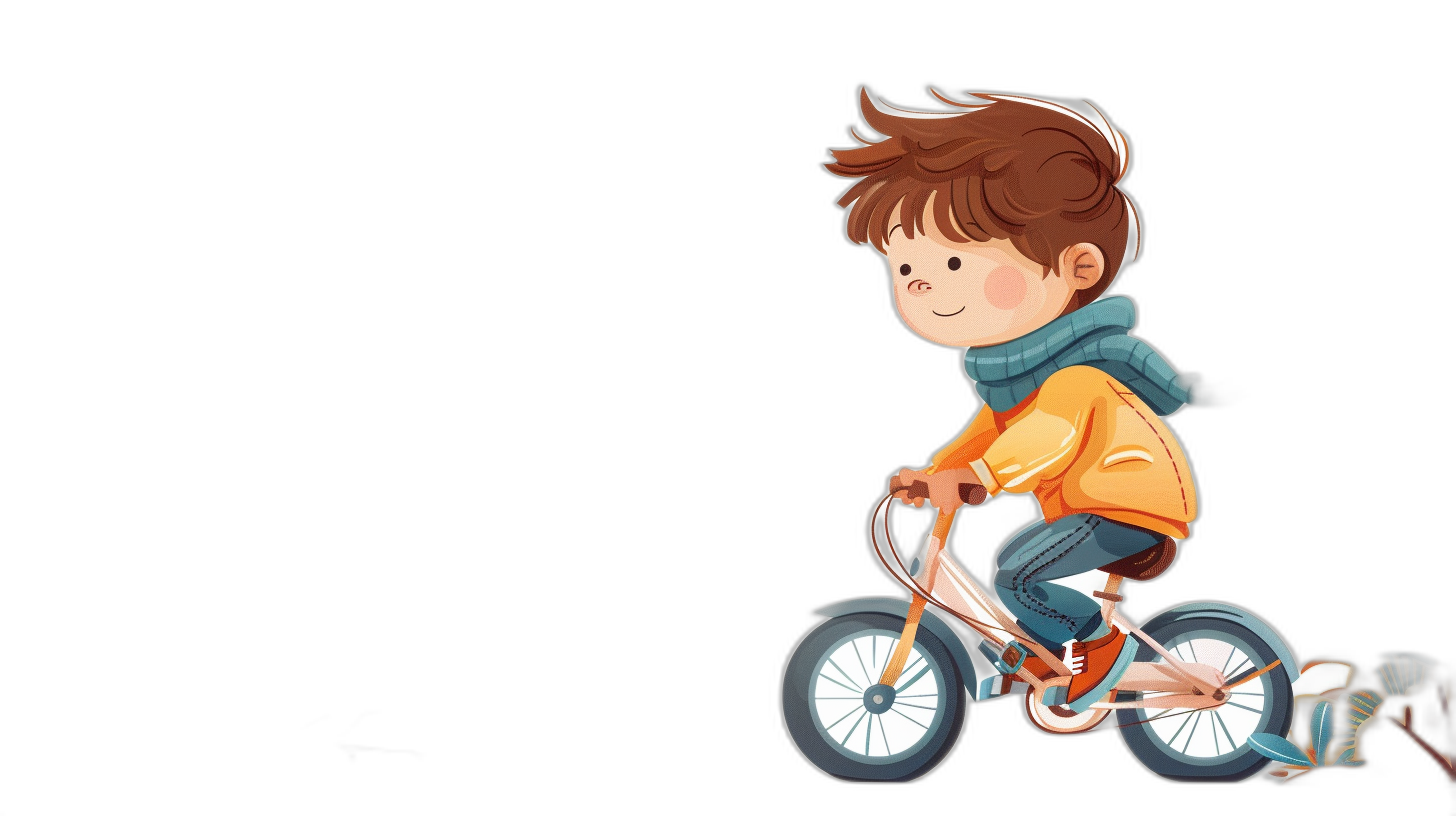 A little boy riding a bike in a cartoon style illustration with a black background. The little prince is wearing an orange jacket and blue scarf, holding the handlebars of his bicycle while looking at something ahead. He has brown hair and eyes. The illustration is in the style of a cartoon.