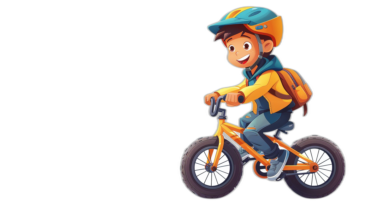 Little boy rides on the bicycle, cartoon character design, simple black background, cute style, bold lines and solid colors, colorful animation stills, flat illustrations, colorful animated stills, simple designs, high resolution, high details