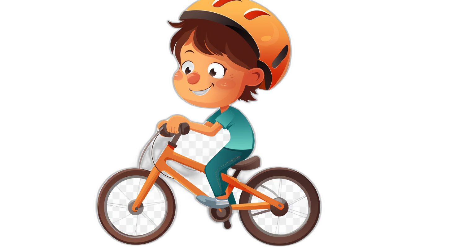 A cute cartoon boy riding his bike in a simple, flat illustration style with a black background and a colorful, bright color scheme. The design has simple details and is 2D with high resolution and quality. The cute character design uses simple lines with high definition and detail as well as high contrast, brightness, and saturation without shading.