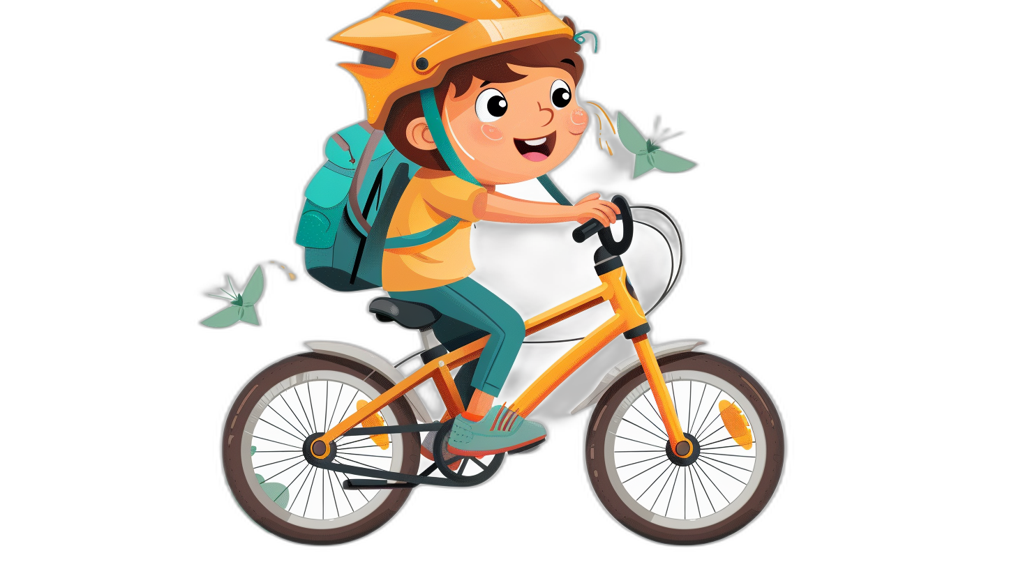 A cartoon-style illustration of an orange and white bike with black wheels, being ridden by a boy wearing a yellow helmet on his head, and carrying a blue backpack. Flying butterflies are shown around him in a flat design style, on a pure black background with no shadow. Vector art. The character is smiling while riding a bicycle in the style of flat design. He has short brown hair and wears glasses. A green school bag hangs from one shoulder. In front he carries food in a wicker basket. Cartoon Style.