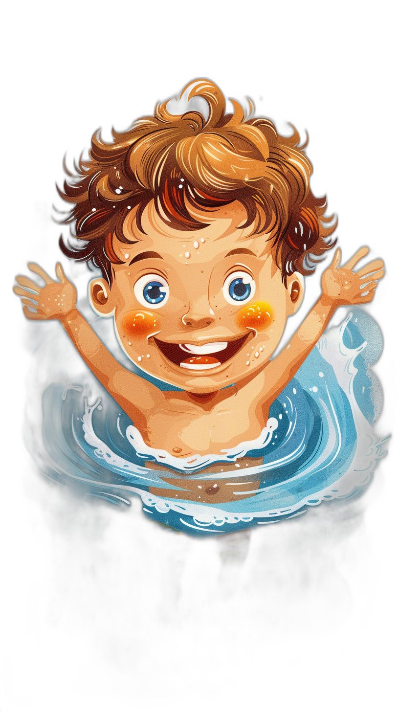 cartoon style, cute baby boy smiling and floating in the water with his hands up on black background, in the pixar cartoon style, with bright colors, at a high resolution, with hyper quality, in a hyper realistic style, with detailed textures, with ultra details, super clean, with no noise.