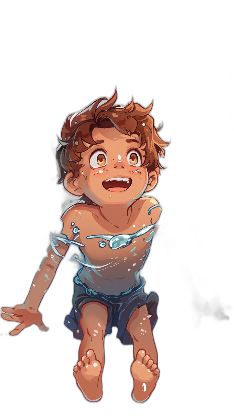 chibi drawing of a cute little boy, with translucent skin showing freckles and light brown hair floating in the air against a black background, looking up at the viewer with a happy expression, wearing white shorts and a blue shirt with water drops around him, in a full body shot.