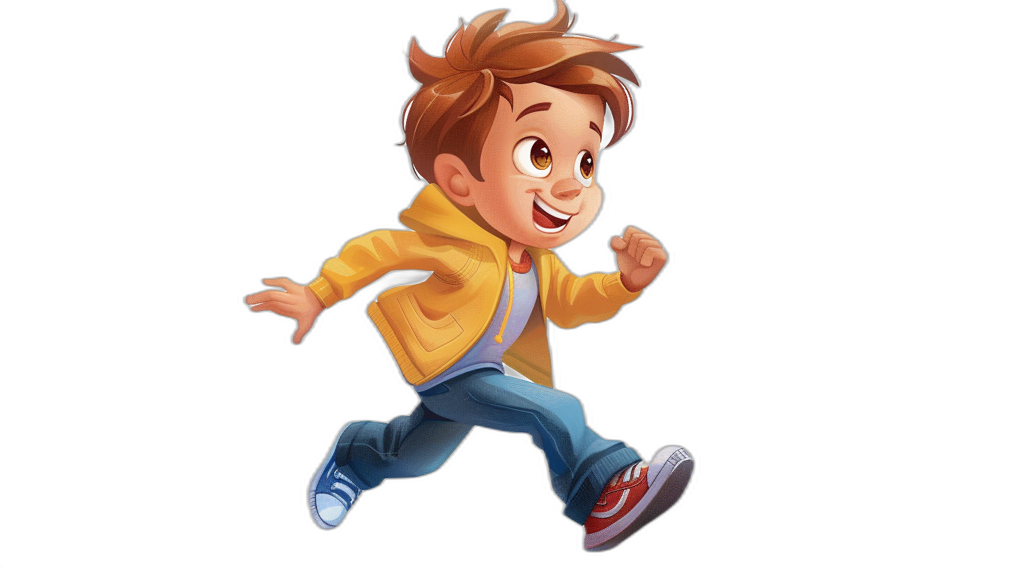 A cute cartoon character of an American boy in his late teens, wearing jeans and sneakers with red laces, running fast on a black background. He has brown hair, white skin tone, a yellow jacket, and is smiling. He looks happy and playful. The style should be in the style of Pixar, with vibrant colors and exaggerated features typical for animated characters. Black background.