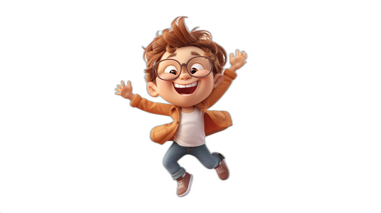 A cute boy, jumping up with glasses on his face, smiling happily, in the style of Pixar, black background, 3D rendering, cartoon character design, in the style of Disney animation, full body portrait, bright colors, white shirt and brown jacket, jeans and sneakers, big eyes, cute hairdo, lively expression.