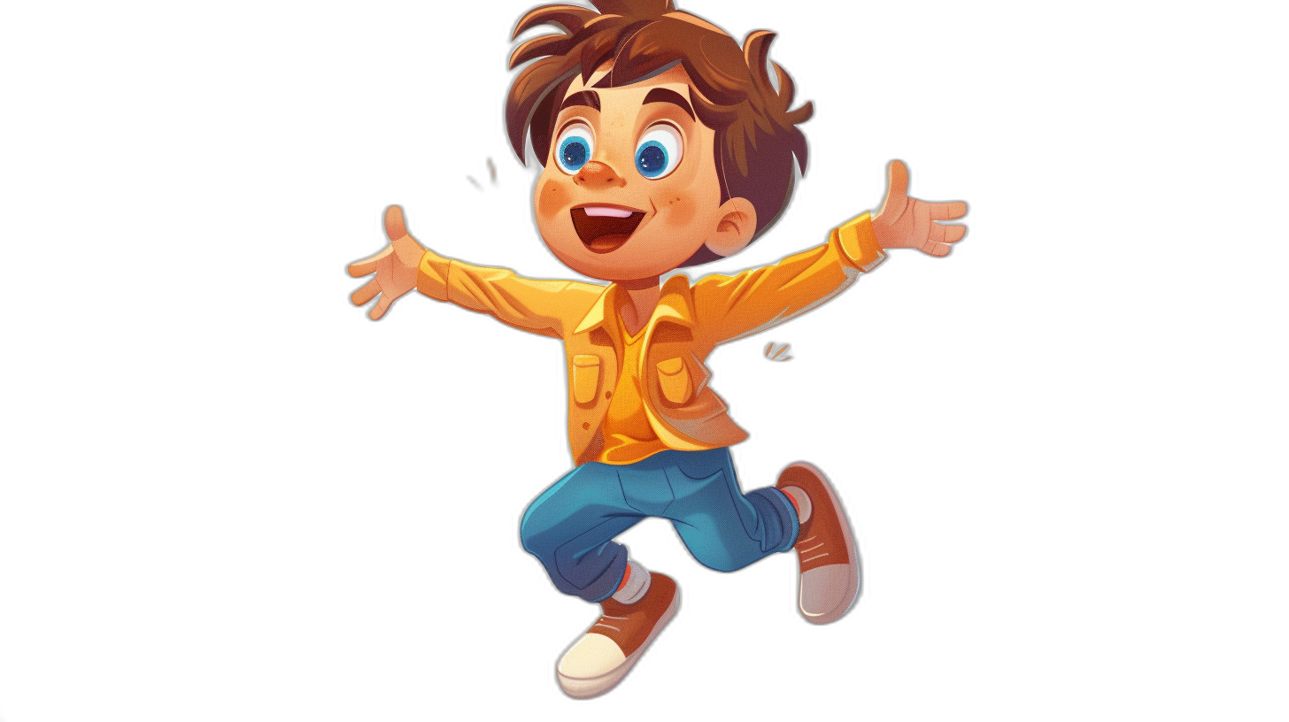 A cartoon character of an excited young boy jumping in the air. He has brown hair and blue eyes, wearing a yellow shirt with an orange collar and jeans and white sneakers, isolated on a black background. The art style is of smooth lines like in 2D games and cute storybook illustrations. Colorful animation stills in the style of smooth lines.