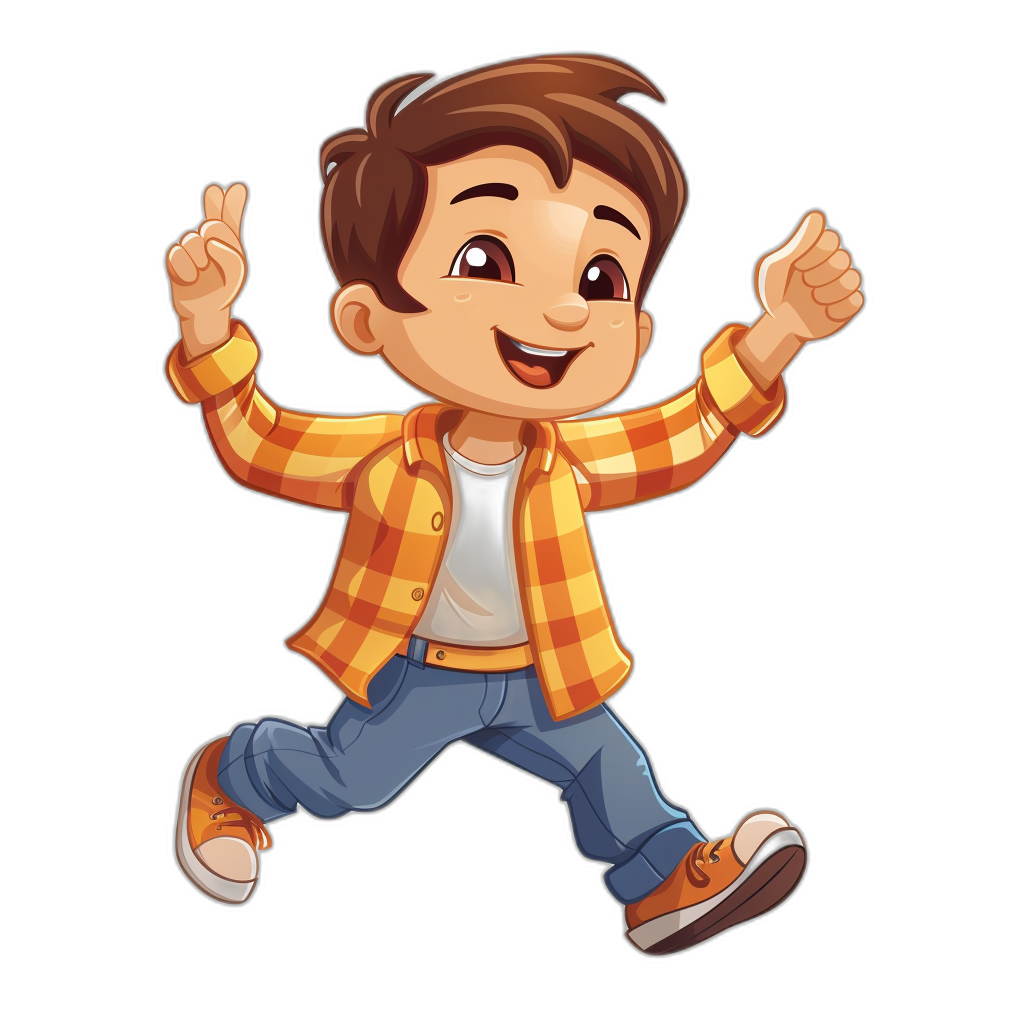 Cartoon character of a happy boy in casual , isolated on a black background, in the style of a cartoon, vector illustration, 2D game art, with brown hair and a short haircut with a side parting, in a jumping pose, showing a two finger up sign with his hand, wearing a yellow plaid shirt, jeans pants and orange shoes, brown eyes, a cheerful mood, a smiling face, a full body shot, from the front view.