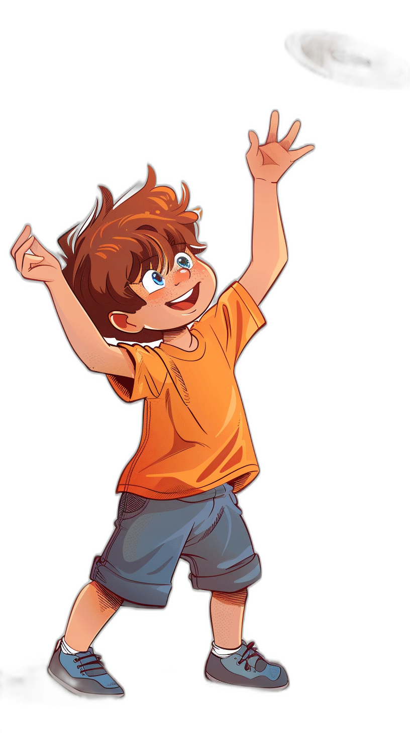 A cartoon boy with brown hair, wearing an orange tshirt and blue shorts is standing on his feet in the air reaching up to touch something above him, smiling happily. He has short curly hair, big eyes, small nose, thin lips, hands raised high in front of black background. The scene was captured from behind her so that she can be seen in full length. She wears sneakers and smiles at what he sees as being slightly overhead.