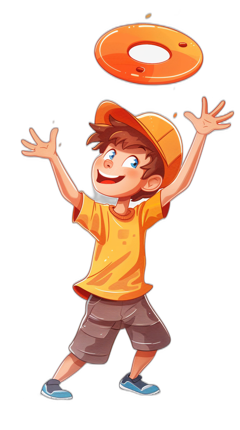 A cartoon boy is throwing an orange frisbee, flat design, vector illustration style with black background. He has short brown hair and blue eyes wearing shorts, yellow tshirt and baseball cap. The character should be in the center of his body facing to right side and he’s smiling while reaching out for catching it. It must have high resolution and vibrant colors. Vector graphics with no shadows on white isolated background. No text or other elements were added to create clean lines. Isolated on Black Background