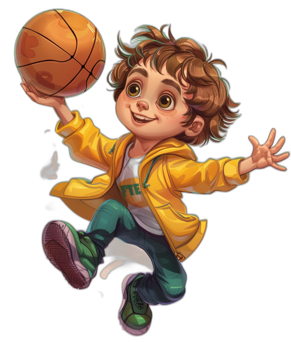 Illustration of a boy with brown hair and green eyes, wearing a yellow jacket and blue pants playing basketball on a black background, in the cartoon style, 2D game art, in the style of Pixar animation, high resolution, vibrant colors, colorful , high contrast, smiling face, jumping in the air holding a ball, wearing sneakers, fun character design, cute kid illustration, colorful illustration, in the cartoon style, 3D rendering, at a 45 degree angle.