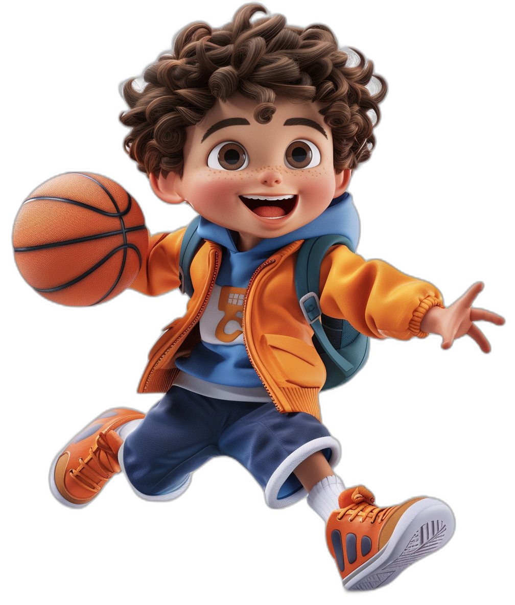 A cute little boy with curly hair, dressed in basketball shorts and sneakers, is playing basketball. He has an orange jacket on top of blue pants. The background color should be black to highlight the character’s details. In the style of Disney Pixar. A colorful cartoon illustration, high resolution photography, high detail, high quality.