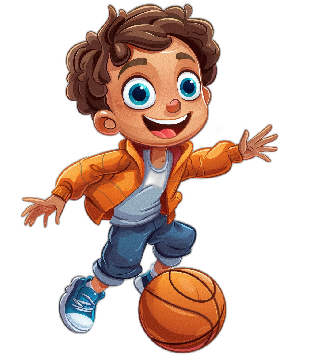 Cartoon character design in the style of cartoon style, cute little boy playing basketball with a happy expression, brown curly hair and blue eyes, wearing an orange jacket with a gray shirt underneath, dark denim pants, sneakers on his feet in a light purple color, jumping to dunk the ball, full body portrait against a black background with bright colors and lively movements conveying childlike innocence.