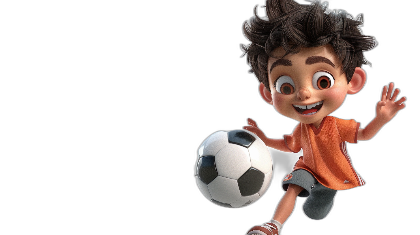 A cute boy is kicking a soccer ball in the style of Pixar, with a cartoon character on a black background rendered in 3D, in high resolution photography with cinematography techniques, with super detailed, high quality.