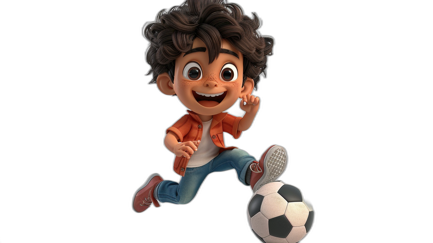 3D character of an animated boy playing football. He has curly hair and is wearing jeans and a white t-shirt with an orange jacket on top. He’s running after the ball against a black background, in the style of Disney Pixar.