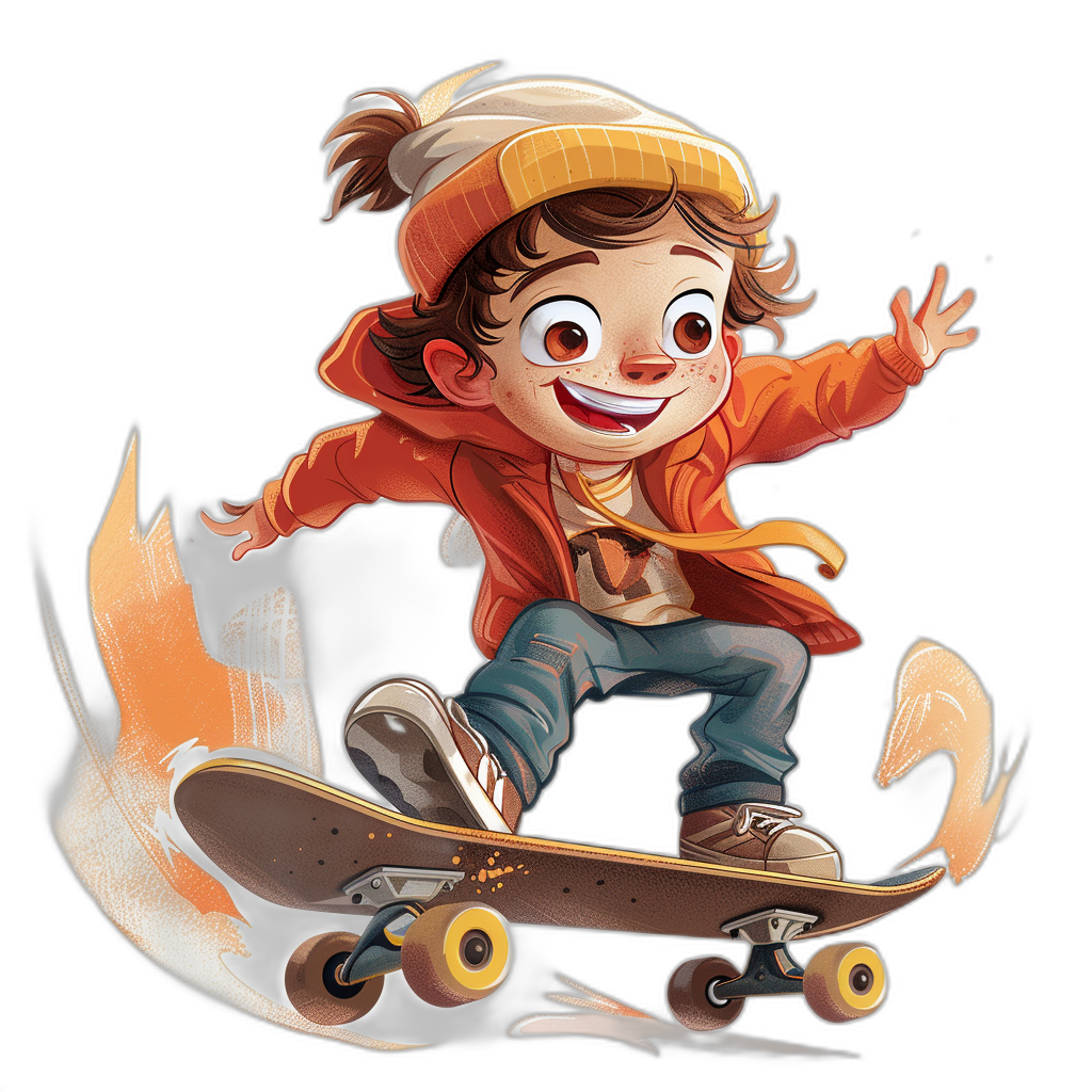 A cute cartoon boy with brown hair and an orange beanie, wearing blue jeans and a red coat is riding on his skateboard. He has a big smile on his face. The illustration style is 2D vector with high contrast colors on a black background. The boy is in a dynamic action pose with a small flame behind him in the air, in the style of an animation.