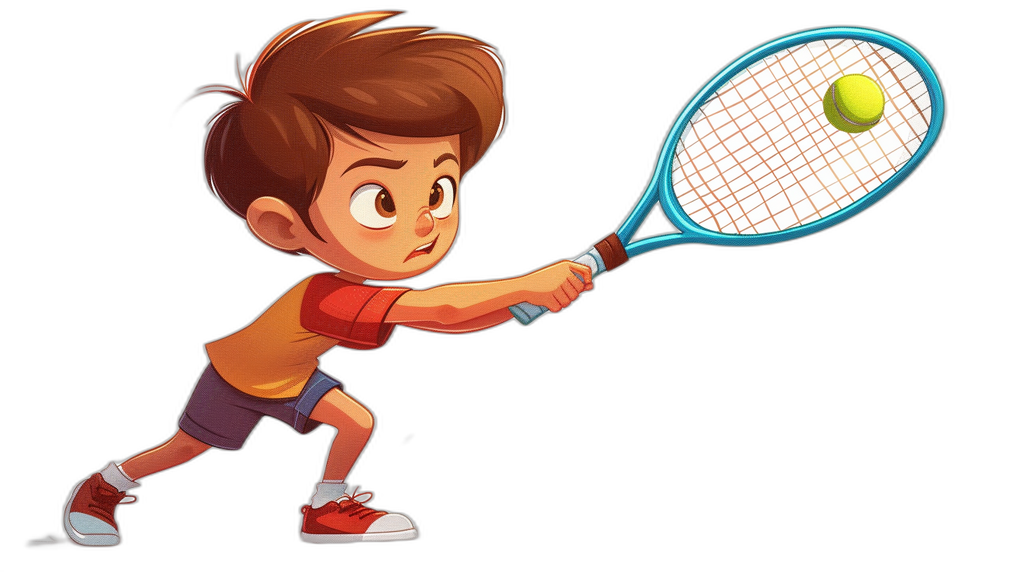 cartoon boy playing tennis, vector illustration for children’s book on black background, high resolution, high detail, in the style of Pixar quality