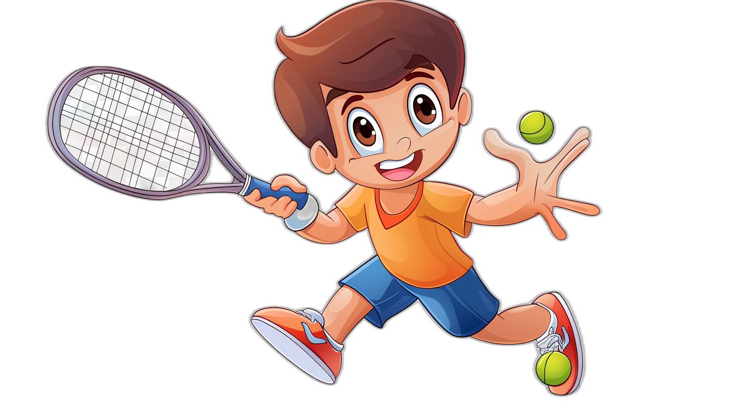 A cartoon-style boy playing tennis in a vector illustration against a simple black background in a flat design with bright colors, simple lines and shapes in a child-friendly style with no shading or textures, focusing on fun character details like the racket in his hand and a ball flying through the air, capturing an energetic and joyful atmosphere suitable for children’s book illustrations.