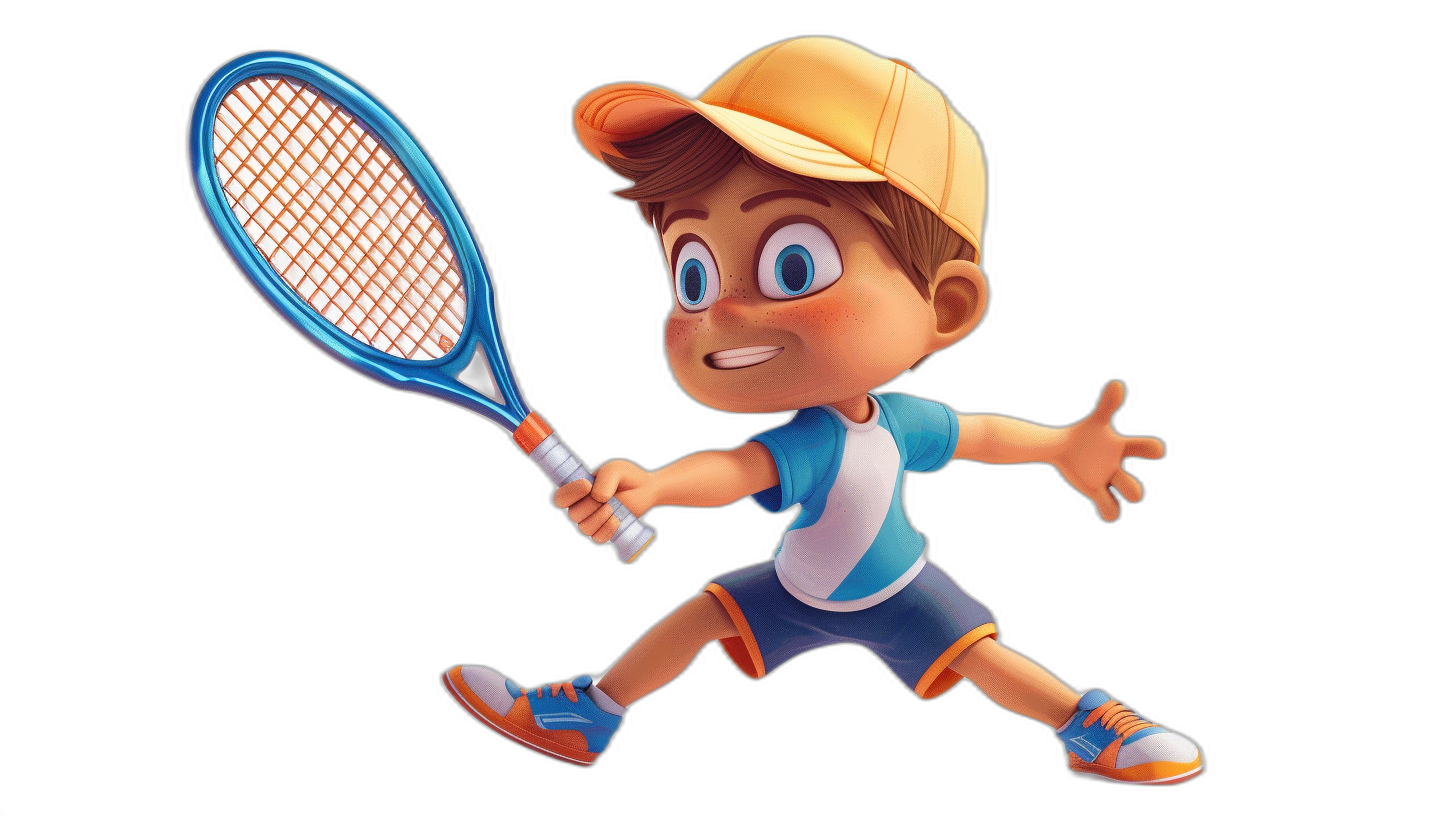 A boy playing tennis in a cartoon style 3D rendering against a black background. The character design shows cute and lively movements as he holds a tennis racket in his hand. He is wearing blue shorts, orange shoes, and a white shirt with short brown hair and a baseball cap on his head. The boy has big eyes and a smiling, cheerful expression shown through bright colors and a cheerful mood, in the style of cartoon art.