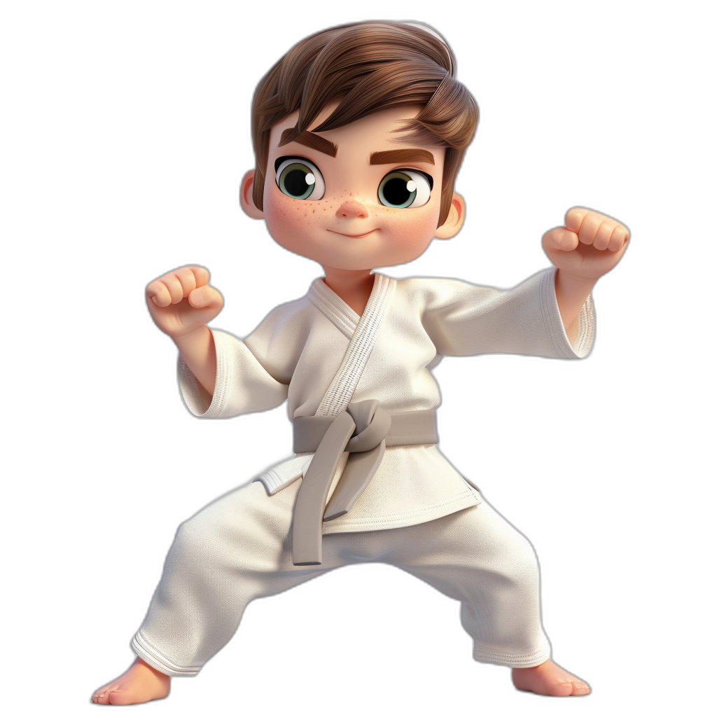 A cute boy with brown hair in a white karate outfit is doing cool martial arts moves in the style of Disney Pixar. He has a 3D cartoon character design against a black background with a white belt around his waist. He has big eyes and a smiling face in a full body shot seen from the side. The whole figure is visible from head to toe.