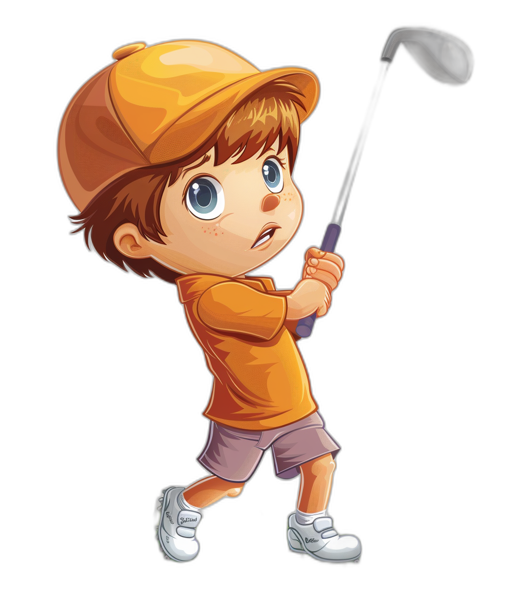 A cute cartoon vector illustration of a little boy playing golf, wearing a yellow cap and orange t-shirt with purple shorts against a black background. It is a full body shot in a high resolution. The illustration is in the style of a vector cartoon.