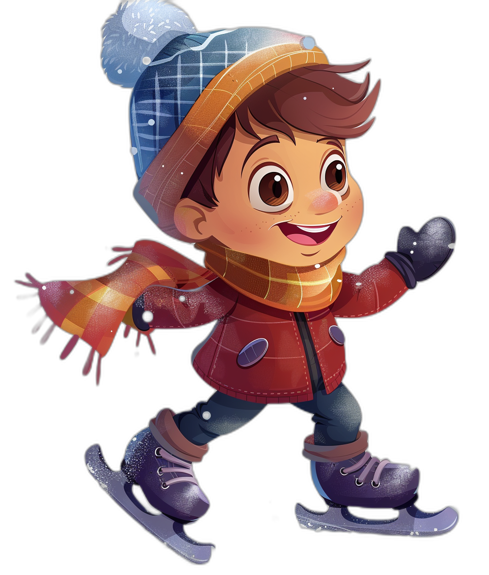 A cute cartoon boy is ice skating, wearing winter  and gloves, with a black background. He has brown hair and is smiling. The illustration style should be colorful, playful, and suitable for children’s book illustrations, in the style of playful children’s book illustrations.