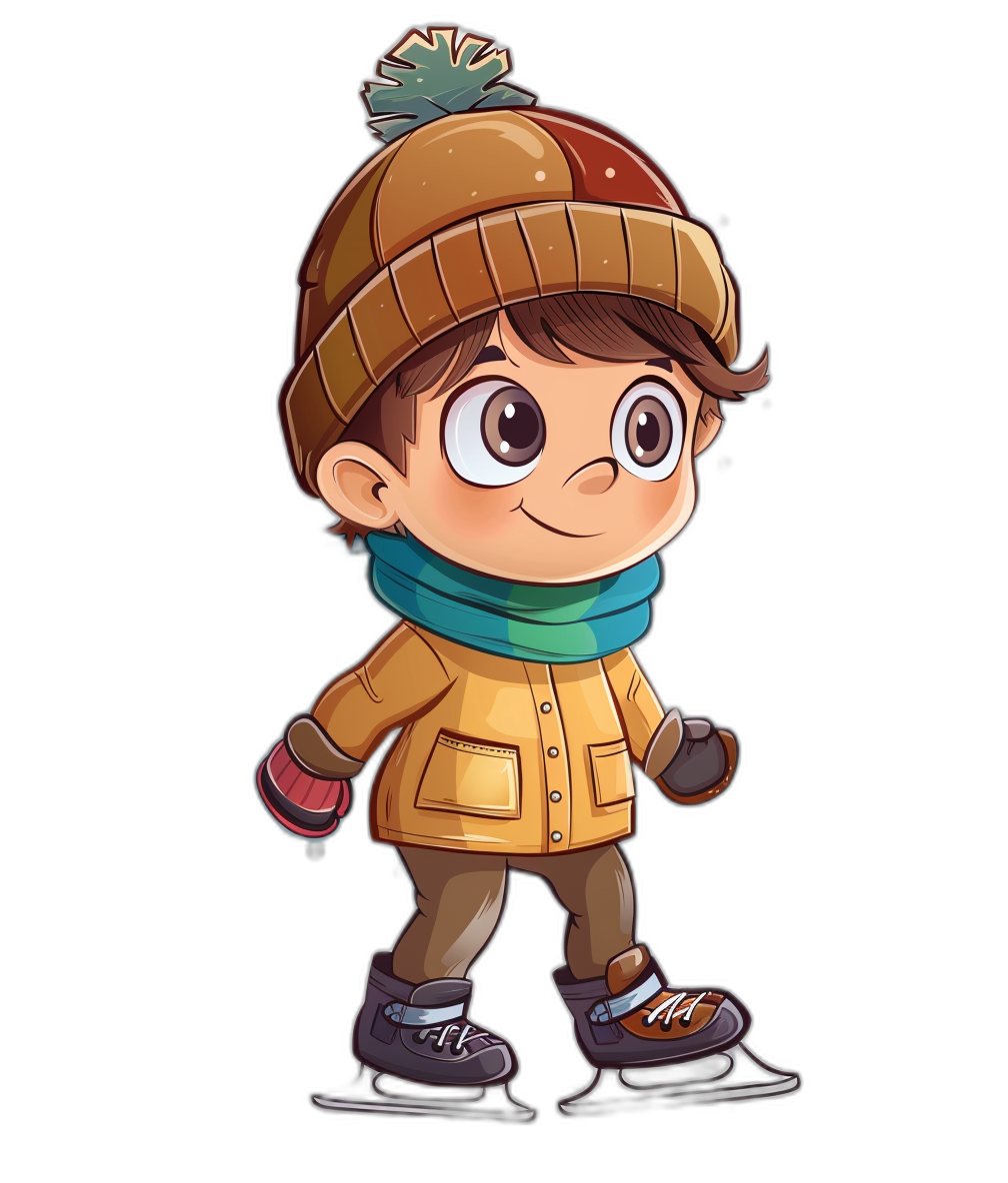 A cute cartoon of an ice skating boy wearing winter , on a black background, in the style of a vector illustration, in a flat design style, at a high resolution, with warm colors, and cool lighting, as a full body portrait, with bright eyes and a smile, focusing on character details. High definition.