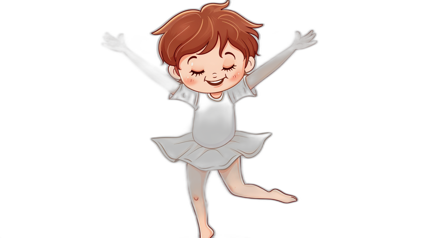 Cute chibi style, happy dancing ballerina with short brown hair and grey dress on black background. The ballerina is dancing in the style of a chibi artist.