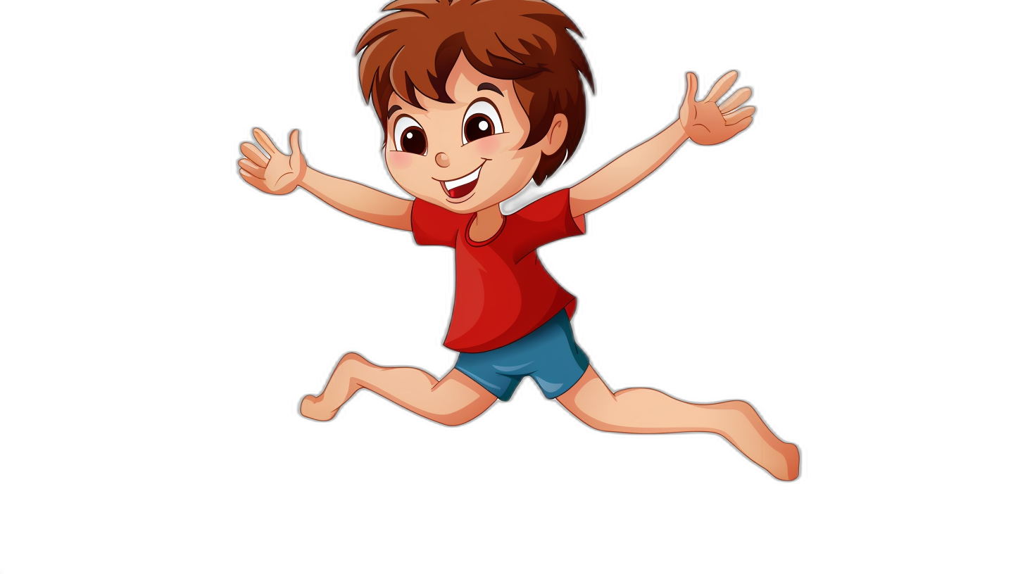 Cartoon illustration of an animated boy jumping, smiling and having fun on a black background. The character is wearing a red t-shirt with blue shorts. He has brown hair and his hands are raised in the air. The illustration is in the style of a cartoon.