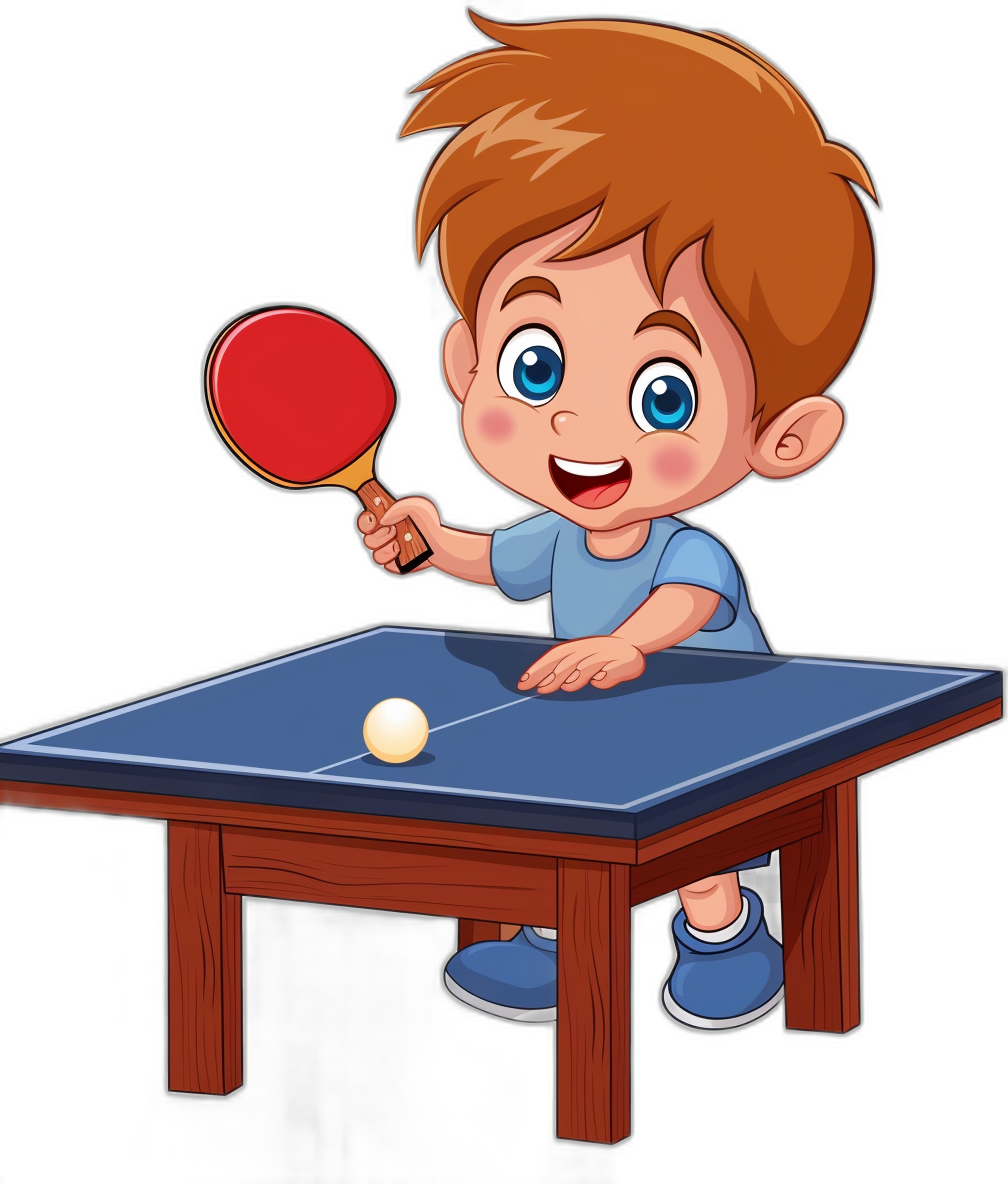 A cute cartoon boy playing table tennis in the style of clip art on a black background.