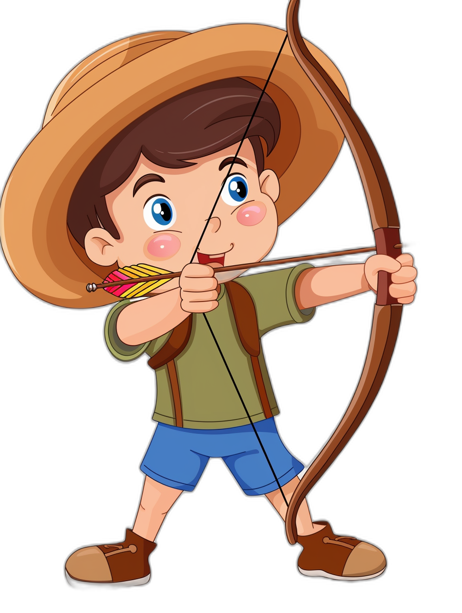 A cartoon boy with blue eyes, wearing shorts and green shirt is holding an arrow bow aiming at the target. He has brown hair in a straw hat on his head. Vector style black background