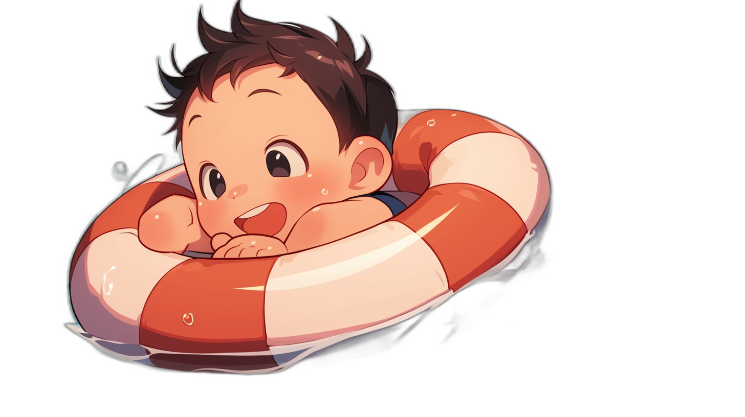 chubby baby boy with dark brown hair, smiling and floating on a life preserver in the water, cute style in the style of anime, solid black background,