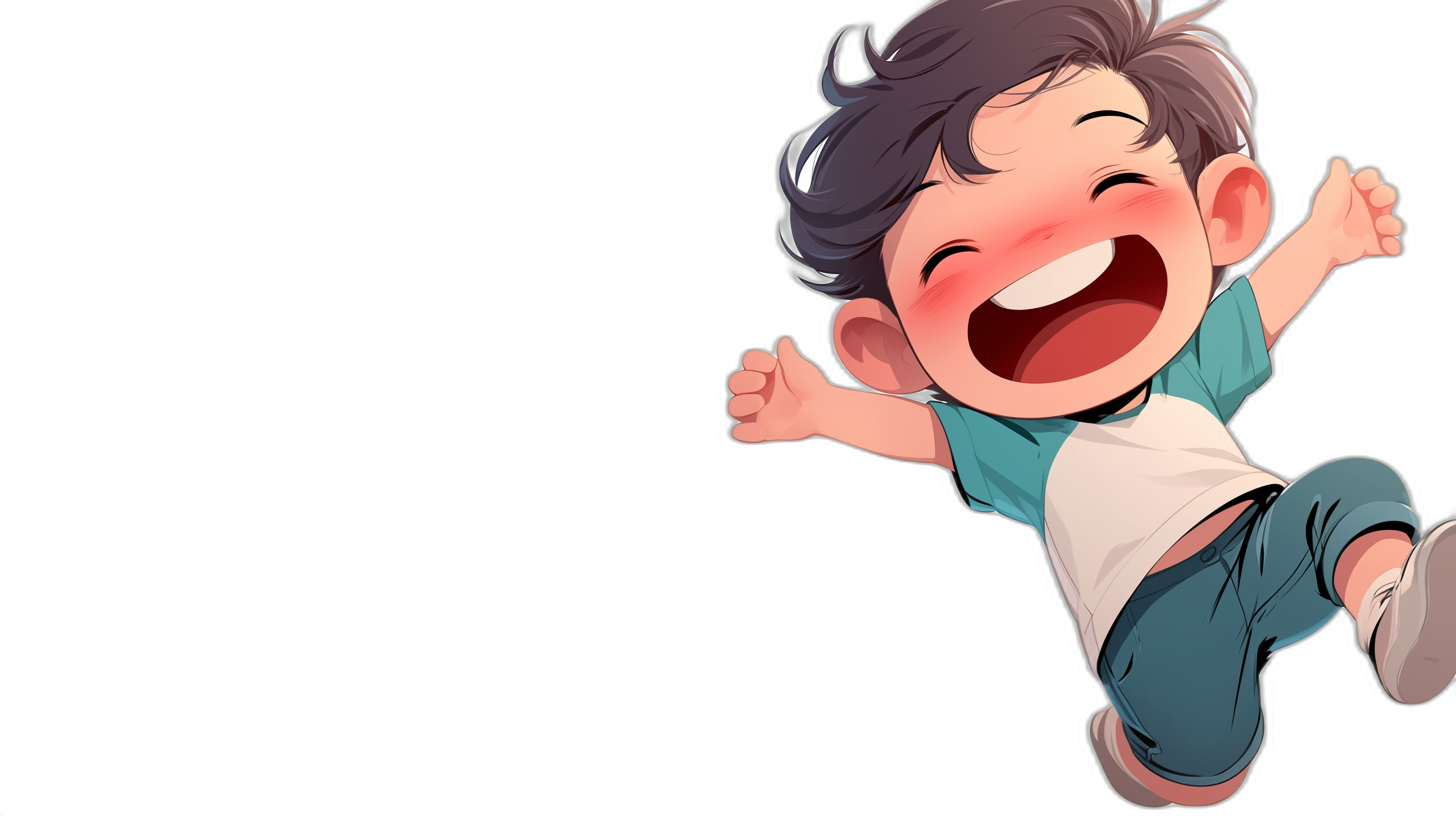 A cute cartoon boy is laughing and jumping, with black background, high resolution, high detail, best quality, chibi anime style