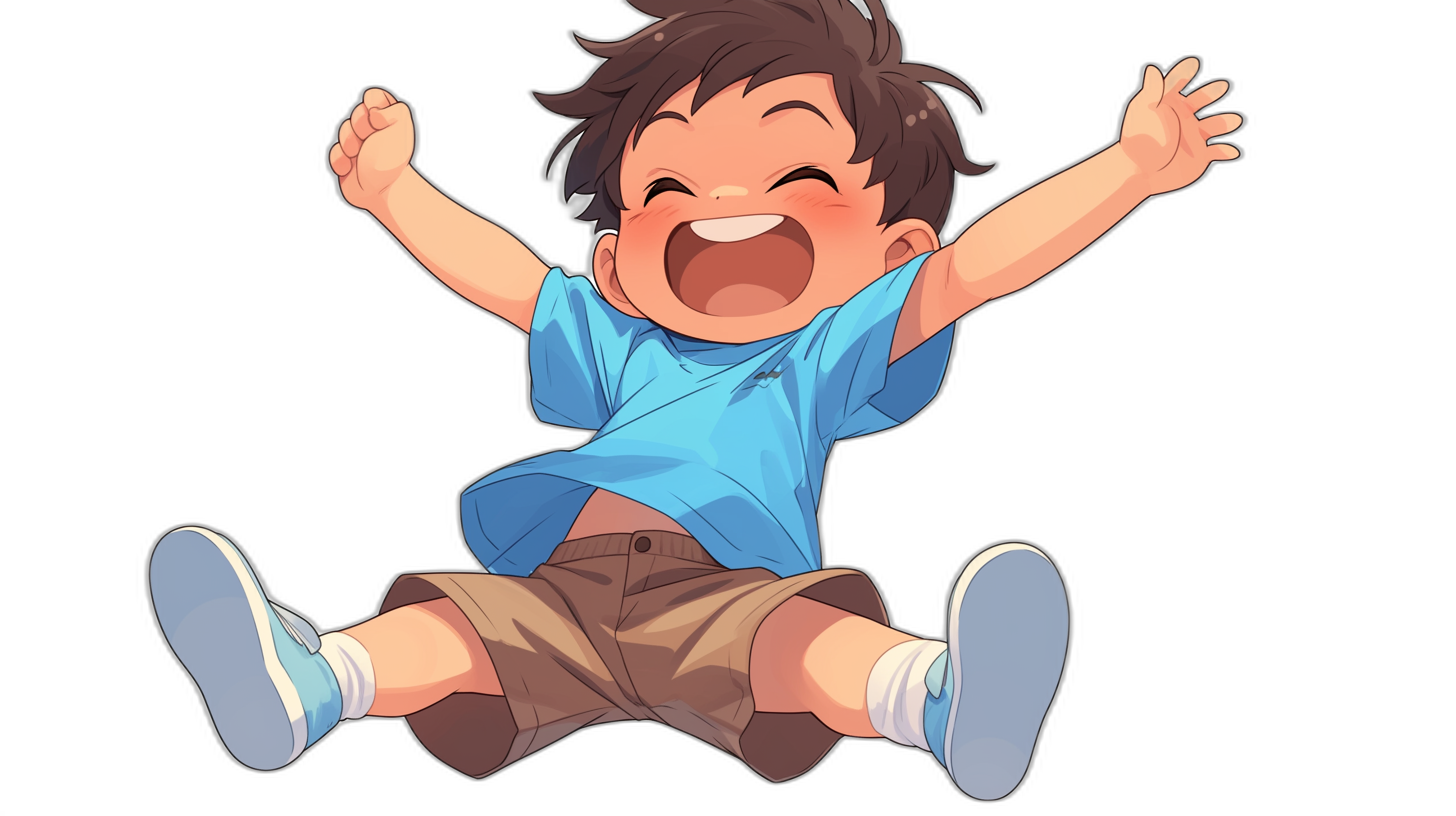 A cute little boy, wearing blue short sleeves and brown shorts with his hands raised in the air while jumping up happily, is illustrated in the style of anime on a black background. The character has a happy expression, high saturation colors, closeup shots of the character, simple backgrounds, flat illustrations, and a solid color background.