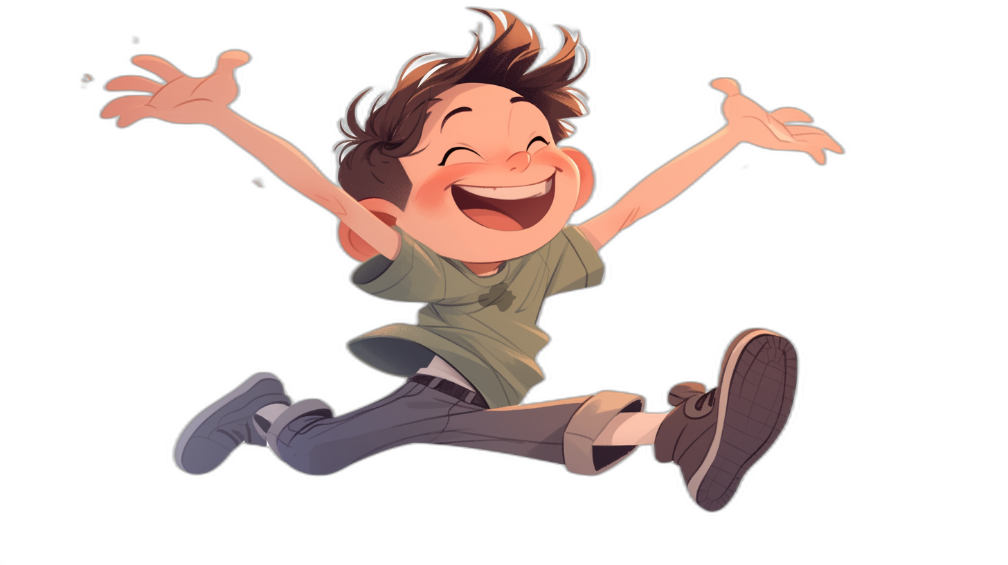 A cartoon boy is jumping and laughing in a full body portrait against a black background in the style of Pixar illustration. It is a high resolution photographic style character design reminiscent of Disney’s animated films in the style of Brian Kers Stratton’s concept art with high detail.