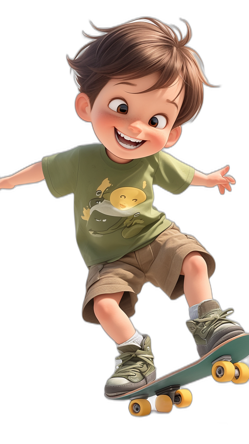 A cute little boy with brown hair, wearing green short sleeves and gray shorts is skateboarding on the black background in the style of Disney Pixar cartoon. He has an exaggerated expression and smile, with high resolution.