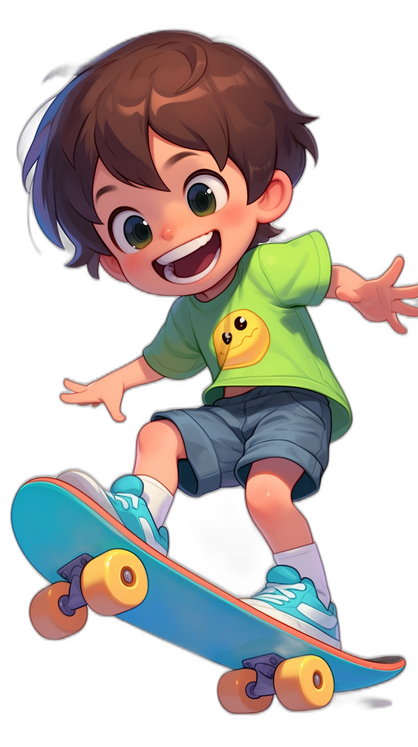 A cute cartoon boy with brown hair, wearing a green short-sleeved shirt and blue shorts is skateboarding. He is smiling with a black background behind him. The character design has a cartoon style with detailed facial features. The scene has a cartoon mis-en-scene with Disney animation influences seen through the bold colors and strong lines. The boy depicts childlike innocence in his demeanor and appearance. The style resembles that of a happy kids show character.