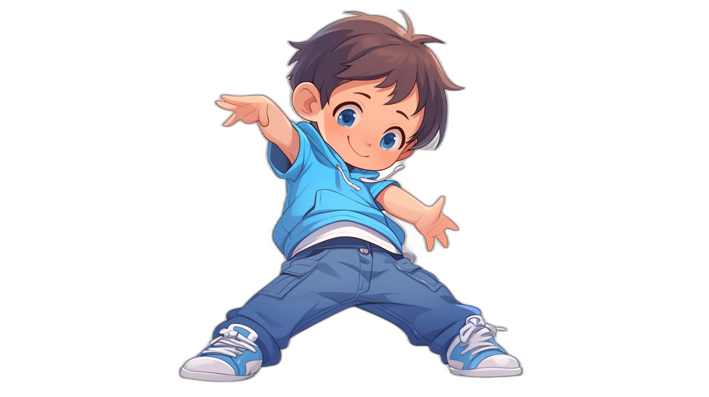 A cute little boy, shown in a full body shot, wearing a blue t-shirt and jeans with sneakers on his feet, posed in the style of anime with his arms outstretched and a black background. He has brown hair, big eyes, smiling as if dancing or playing sports in a cartoon character design style. The artwork has a colorful, animated quality like game art.