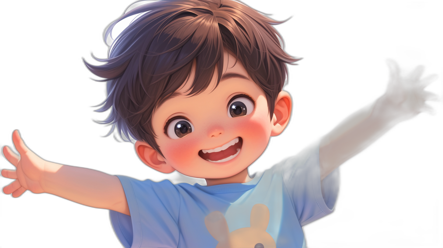 A cute little boy with brown hair, wearing blue short sleeves and smiling happily, is waving his arms in the air, in the style of Disney, black background, 2D illustration, bright colors, closeup of face, big eyes, cute expressions, bright smile, lively movements.