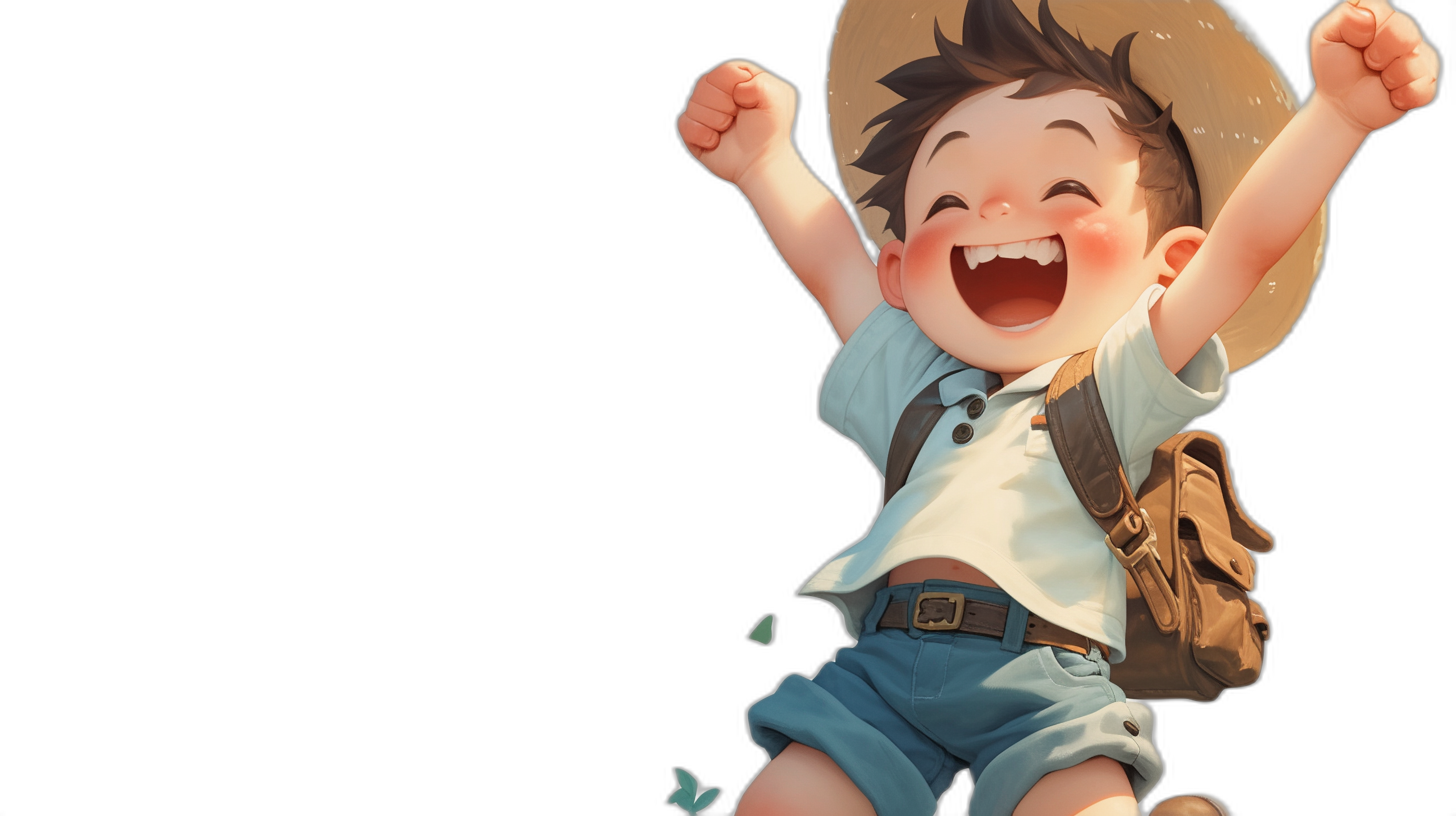 3D cute boy in blue shorts and a white shirt with a backpack on his back, wearing a hat laughing and jumping up high, black background, Disney Pixar style character design, full body shot, digital art in the style of [Artgerm](https://goo.gl/search?artist%20Artgerm), in the style of Tomokazu Evans, in the style of [Frank Cho](https://goo.gl/search?artist%20Frank%20Cho), [Studio Ghibli](https://goo.gl/search?artist%20Studio%20Ghibli) style.