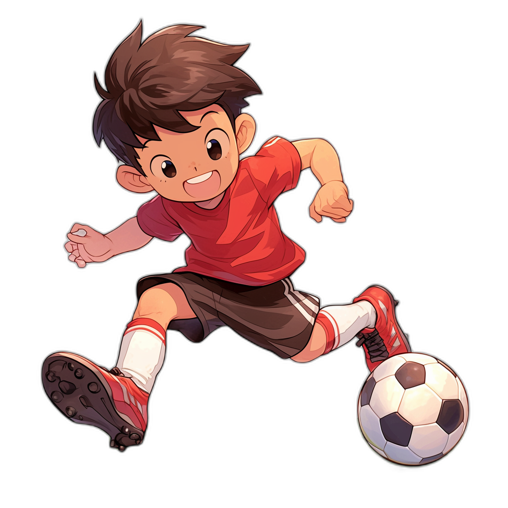 Sometimes a brown haired boy is playing soccer, wearing a red t-shirt and black shorts. The chibi style character has short legs and is wearing white socks on his feet as he kicks the ball, with a smiling happy face against a black background. It is a clipart design for stickers in the style of a cartoon anime.