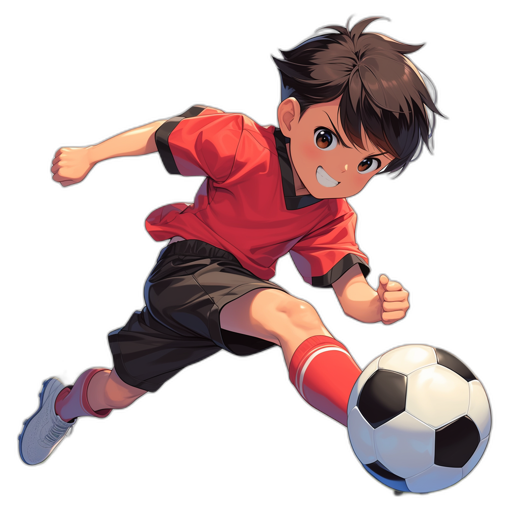 A boy in a red t-shirt and black shorts, with dark brown hair is kicking a soccer ball in the style of anime, simple background, 2d game art.